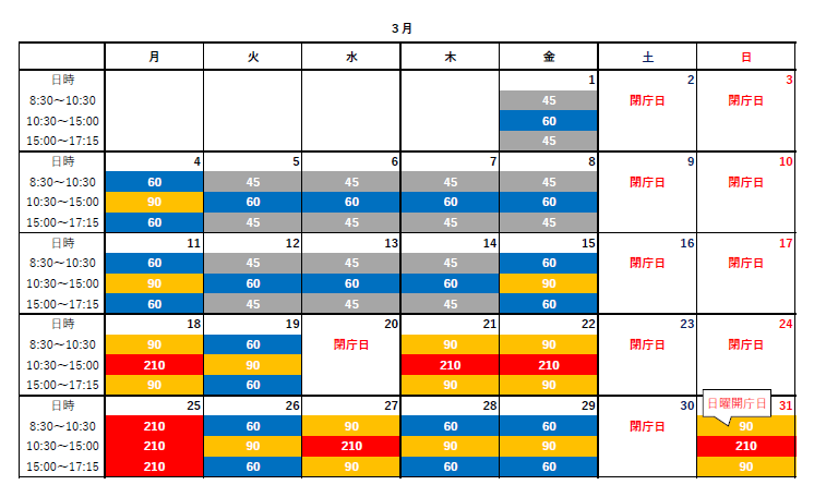 3月カレンダー（このカレンダーは、音声読み上げに対応しておりませんので、次の表で確認をお願いします。）