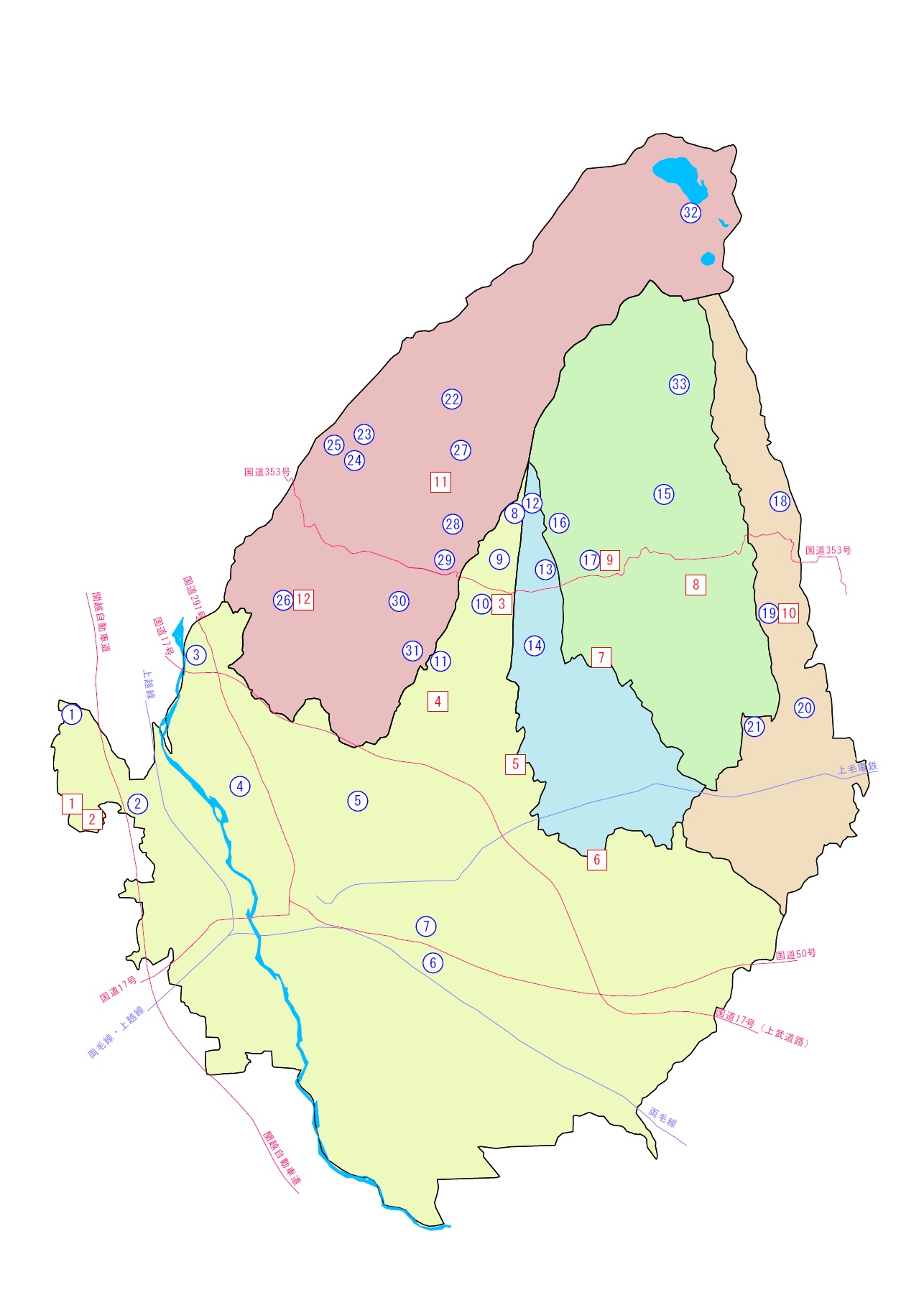 (画像)前橋市内の浄水場・受水場の地図