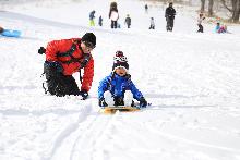 雪の中笑顔でそり遊びをする親子