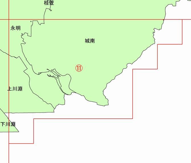 地形図分割11.の画像  永明地区南東部、城南地区南部が赤枠で囲まれている