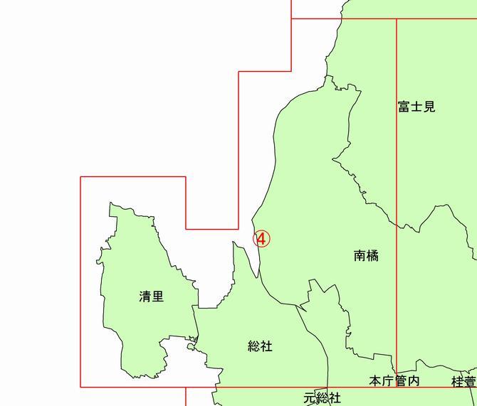 地形図分割4.の画像  清里地区、総社地区北部、南橘地区西部が赤枠で囲まれている
