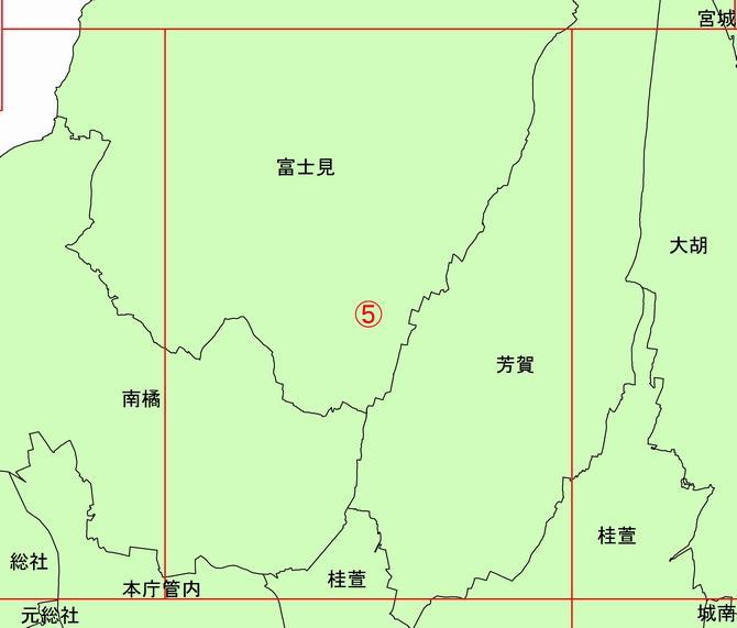 地形図分割5.の画像  富士見地区南部、南橘地区東部、芳賀地区西部が赤枠で囲まれている
