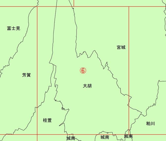 地形図分割6.の画像  芳賀地区東部、桂萱地区北東部、大胡地区、宮城地区南西部が赤枠で囲まれている