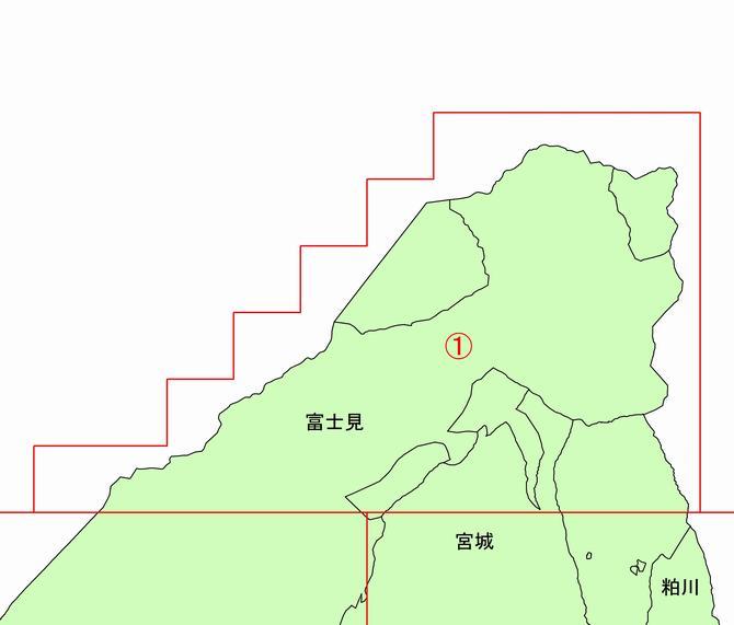 地形図分割1.の画像 富士見地区北部が赤枠で囲まれている