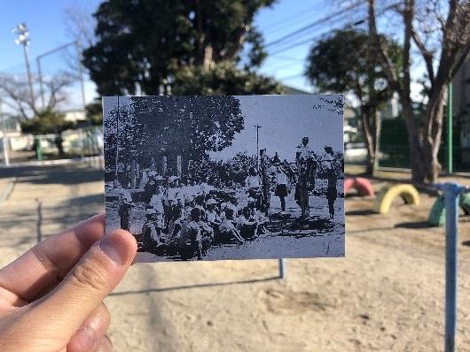 時層写真のイメージ（昔と今の宮城小学校）