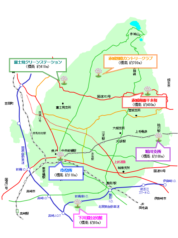 「みぢかな季節かんじ隊」サクラの観測地点市内6カ所のマップ画像