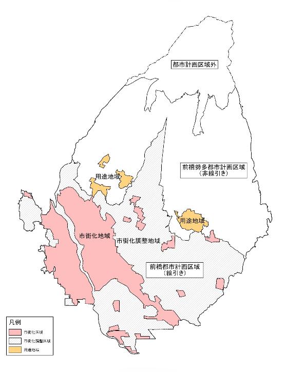 前橋都市計画区域の市街化区域及び市街化調整区域と前橋勢多都市計画区域の用途地域を説明しています。詳しくは、都市計画課にお問い合わせください。