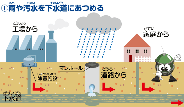 雨や汚水を下水道にあつめる様子の画像